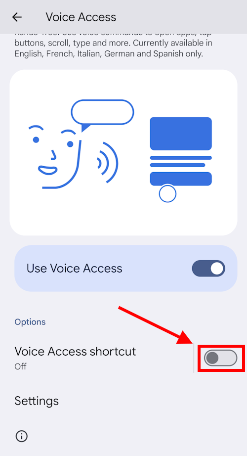 Tap the toggle switch for Voice Access shortcut to turn it on